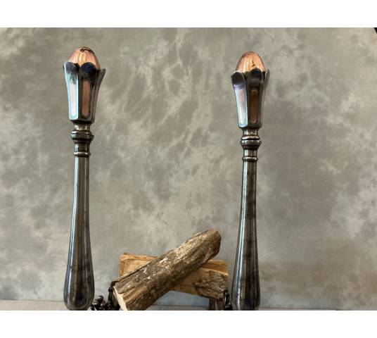 Beautiful antique wrought iron and copper andirons from the 18th century