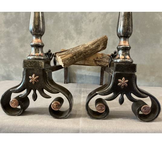 Beautiful antique wrought iron and copper andirons from the 18th century
