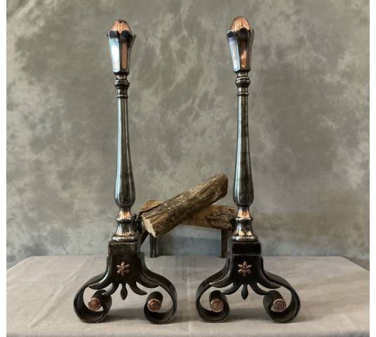 Beautiful antique wrought iron and copper andirons from the 18th century