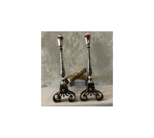 Beautiful antique wrought iron and copper andirons from the 18th century