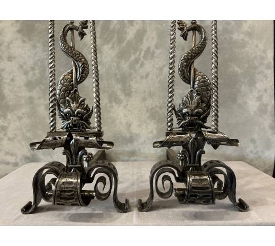 Grand Chenets en fer forgé d'époque 19 ème
