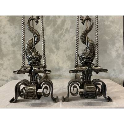 Large wrought iron andirons from the 19th century