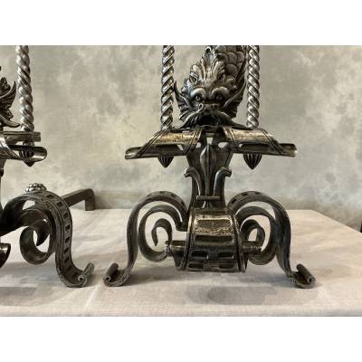 Grand Chenets en fer forgé d'époque 19 ème