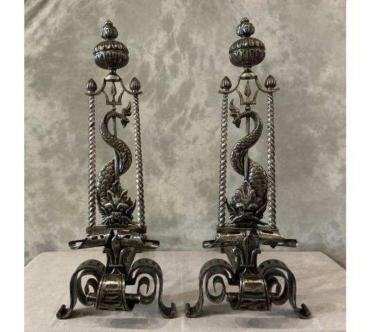 Grand Chenets en fer forgé d'époque 19 ème