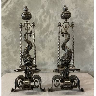 Large wrought iron andirons from the 19th century