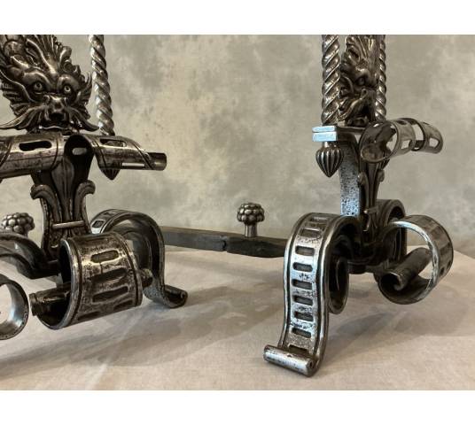 Large wrought iron andirons from the 19th century