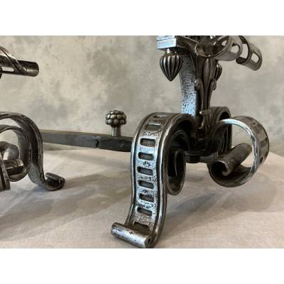 Grand Chenets en fer forgé d'époque 19 ème