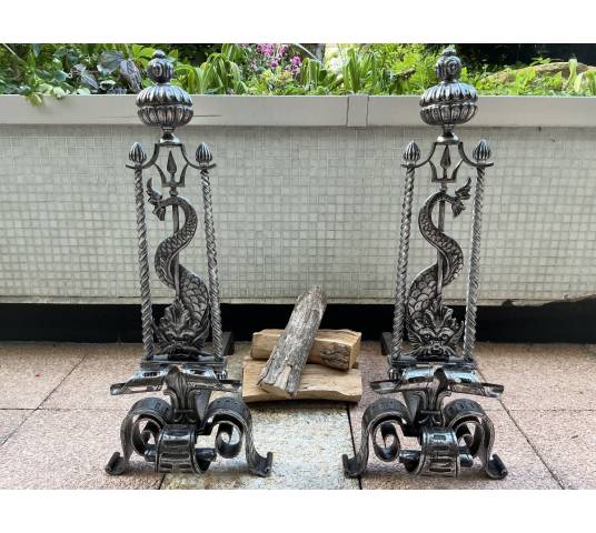 Large wrought iron andirons from the 19th century