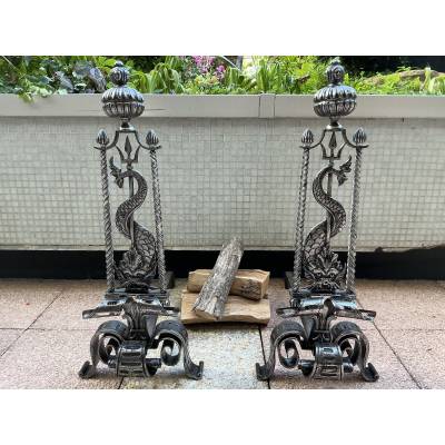 Grand Chenets en fer forgé d'époque 19 ème