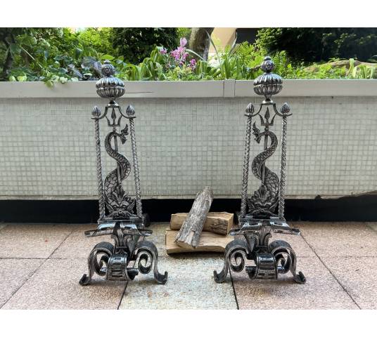 Large wrought iron andirons from the 19th century