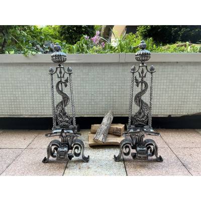 Large wrought iron andirons from the 19th century