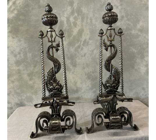 Large wrought iron andirons from the 19th century