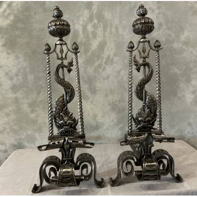 Grand Chenets en fer forgé d'époque 19 ème