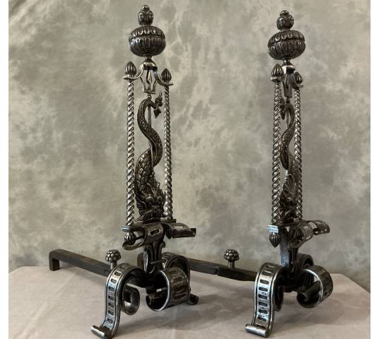 Grand Chenets en fer forgé d'époque 19 ème