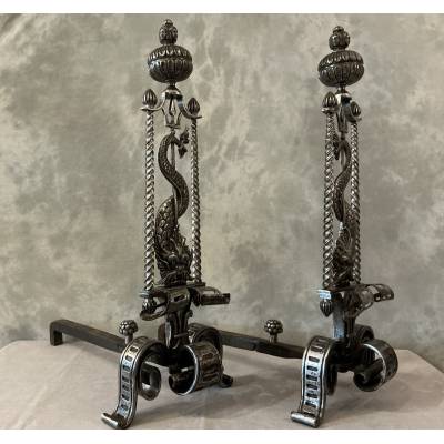Large wrought iron andirons from the 19th century