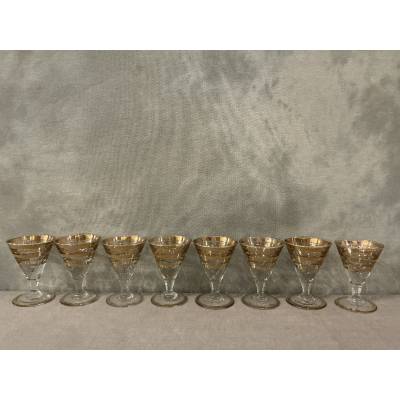 Série de 8 verres à Porto en verre et filets d'or