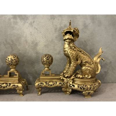 Paire de chenets chiens fô en bronze doré d'époque 19 ème