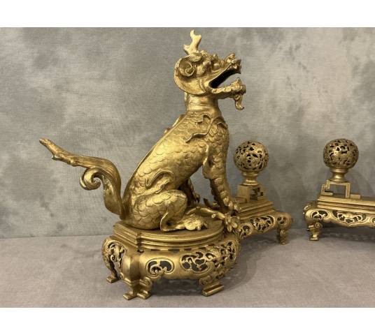 Paire de chenets chiens fô en bronze doré d'époque 19 ème