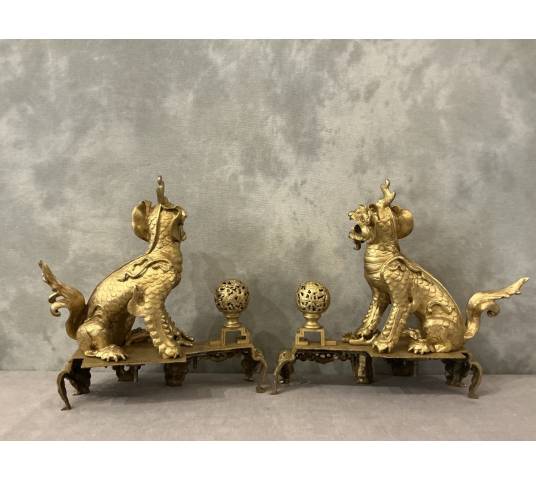 Paire de chenets chiens fô en bronze doré d'époque 19 ème
