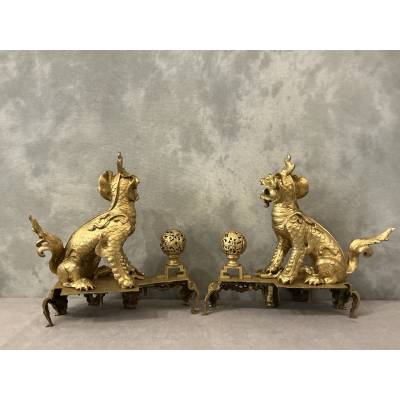 Paire de chenets chiens fô en bronze doré d'époque 19 ème