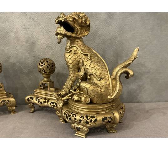Paire de chenets chiens fô en bronze doré d'époque 19 ème