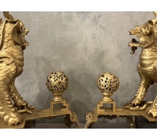 Paire de chenets chiens fô en bronze doré d'époque 19 ème