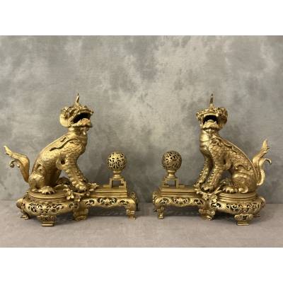Paire de chenets chiens fô en bronze doré d'époque 19 ème