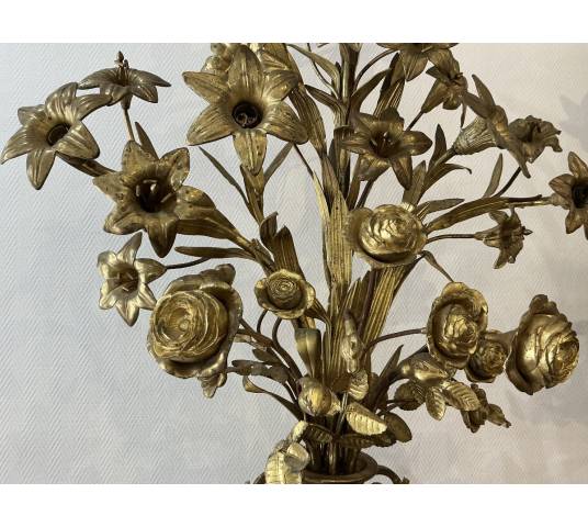 Pair of 19th-century brass flower bouquet candelabras