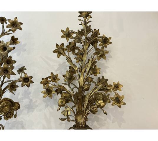 Pair of 19th-century brass flower bouquet candelabras