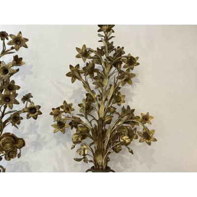 Paire de candélabres bouquets de fleurs en laiton d'époque 19 ème