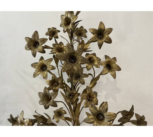 Paire de candélabres bouquets de fleurs en laiton d'époque 19 ème