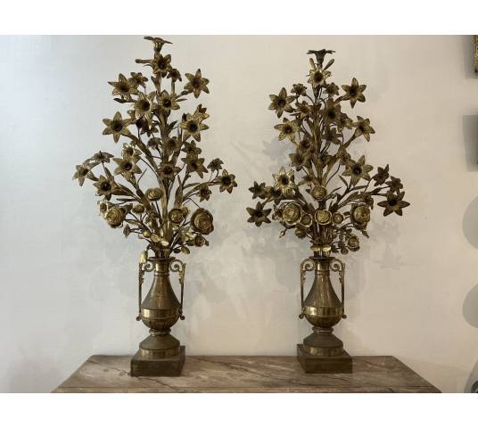 Pair of 19th-century brass flower bouquet candelabras