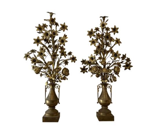 Paire de candélabres bouquets de fleurs en laiton d'époque 19 ème