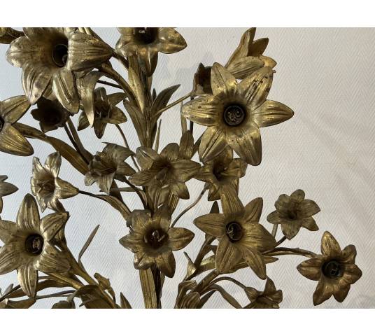 Paire de candélabres bouquets de fleurs en laiton d'époque 19 ème