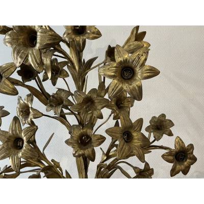 Paire de candélabres bouquets de fleurs en laiton d'époque 19 ème
