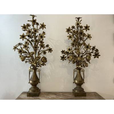 Paire de candélabres bouquets de fleurs en laiton d'époque 19 ème