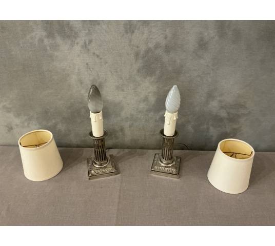 Pair of small silver-plated metal lamps in the Louis XVI style, early 20th century
