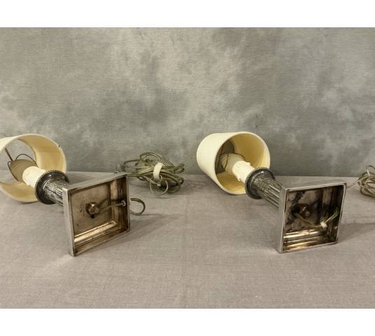 Pair of small silver-plated metal lamps in the Louis XVI style, early 20th century