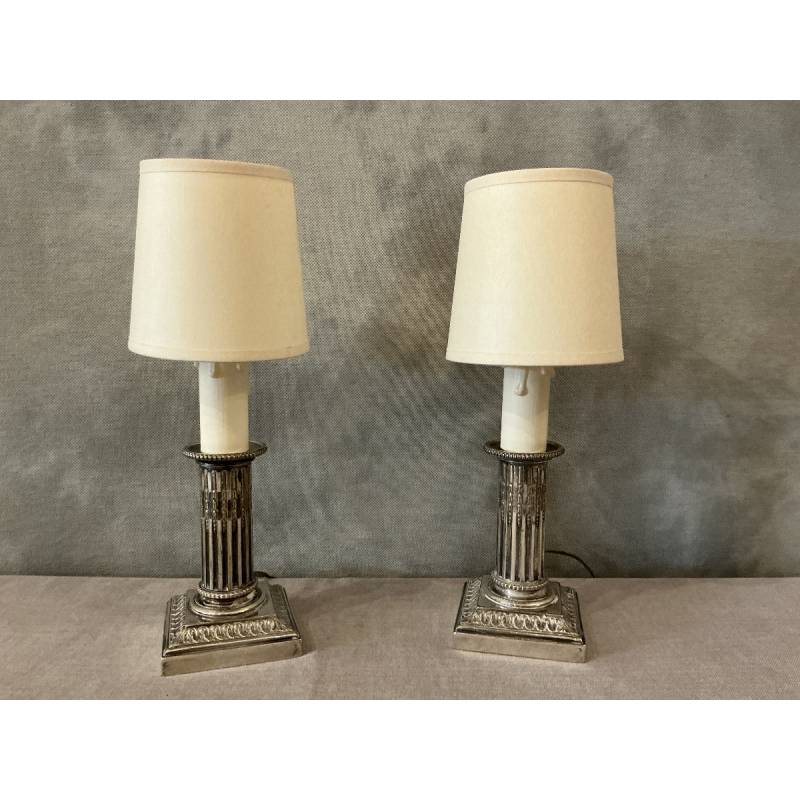 Pair of small silver-plated metal lamps in the Louis XVI style, early 20th century