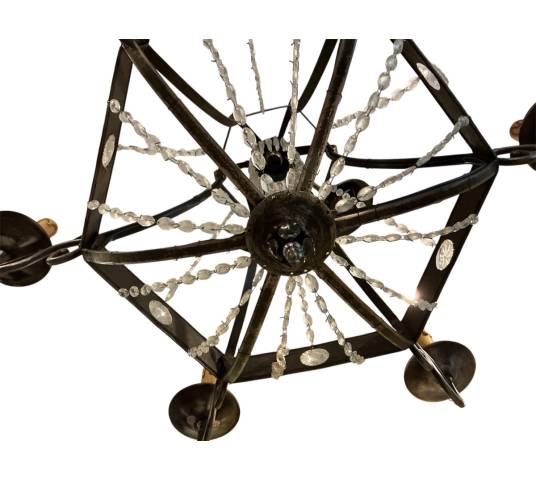 Antique chandelier in iron and period crystal garlands, late 19th century