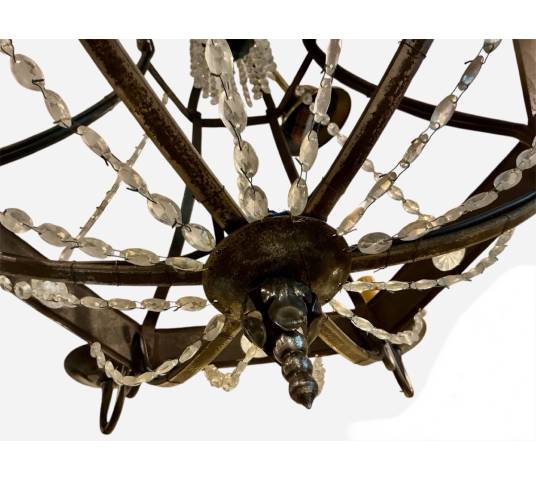 Lustre ancien en fer et guirlandes de cristaux d'époque fin 19 ème