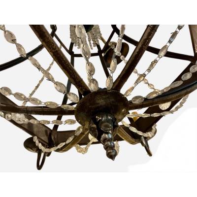 Antique chandelier in iron and period crystal garlands, late 19th century