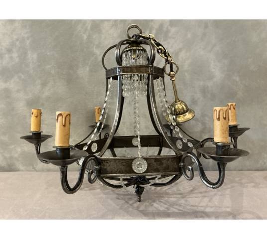 Lustre ancien en fer et guirlandes de cristaux d'époque fin 19 ème