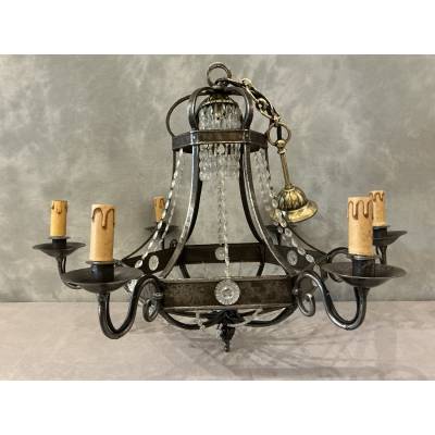 Lustre ancien en fer et guirlandes de cristaux d'époque fin 19 ème