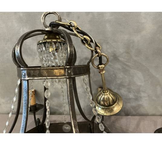 Lustre ancien en fer et guirlandes de cristaux d'époque fin 19 ème