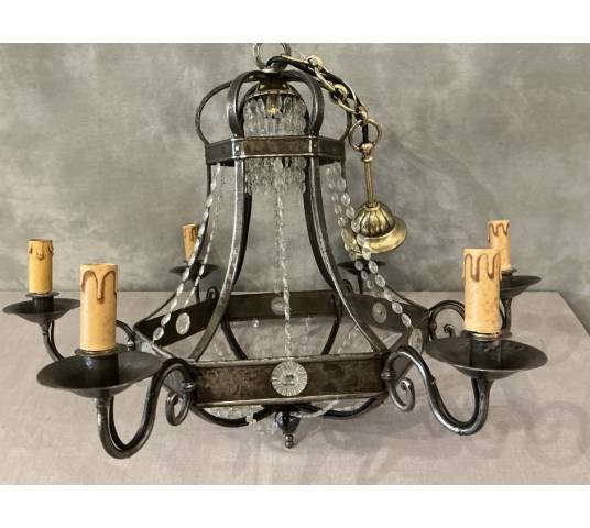 Lustre ancien en fer et guirlandes de cristaux d'époque fin 19 ème