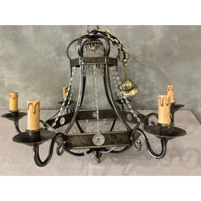 Lustre ancien en fer et guirlandes de cristaux d'époque fin 19 ème