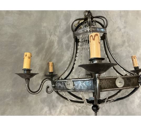 Lustre ancien en fer et guirlandes de cristaux d'époque fin 19 ème