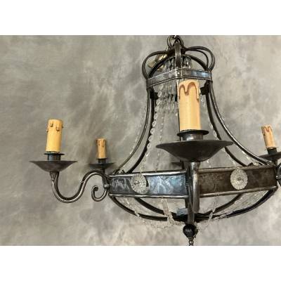 Lustre ancien en fer et guirlandes de cristaux d'époque fin 19 ème