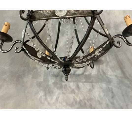 Lustre ancien en fer et guirlandes de cristaux d'époque fin 19 ème